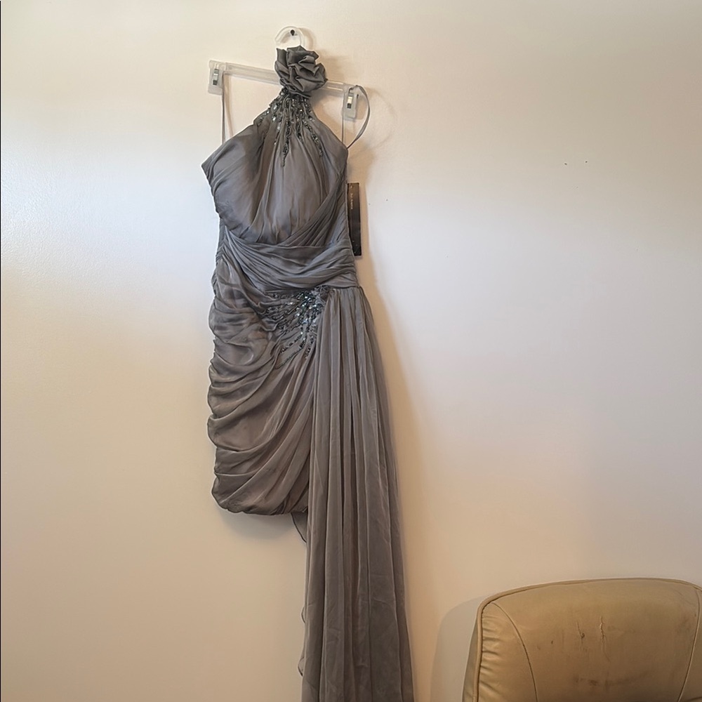 Gray Asymmetrical Ruched One Shoulder Gown